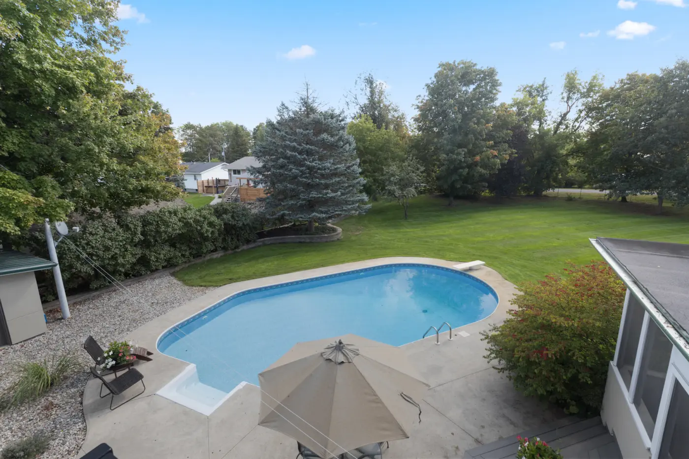 Aerial view of a backyard with a swimming pool